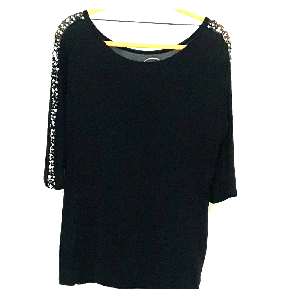 ‼INC Black Top with Netting Rhinestone Sleeves‼